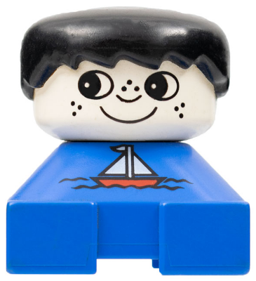 Duplo 2 x 2 x 2 Figure Brick, Blue Base with Sailboat Pattern, White Head with Freckles, Black Male Hair