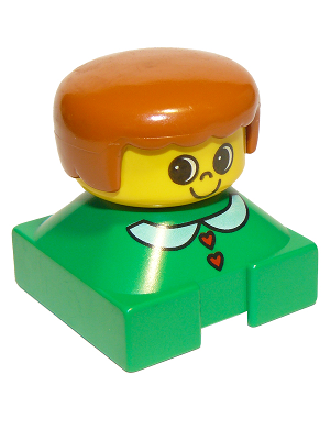 Duplo 2 x 2 x 2 Figure Brick, Green Base with White Collar and Red Heart Buttons, Yellow Head, Dark Orange Female Hair