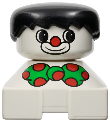 Duplo 2 x 2 x 2 Figure Brick, Clown, White Base, Green Bow with Red Dots, Black Hair, White Face with Red Nose