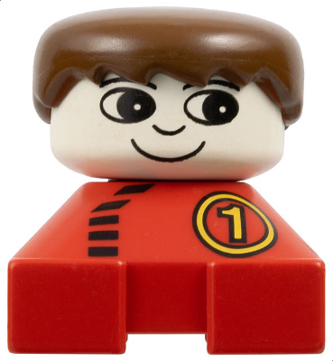 Duplo 2 x 2 x 2 Figure Brick, Red Base with Number 1 Race Pattern, White Head, Brown Male Hair