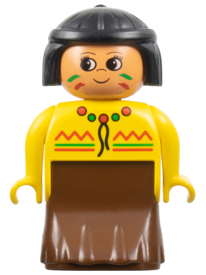 Duplo Figure, Female Lady, Brown Dress, Yellow Top, Black Hair (Native American)