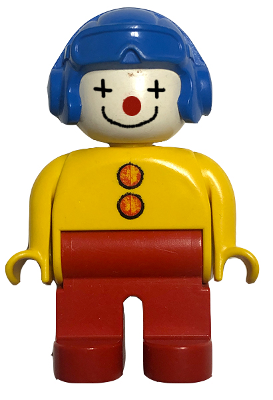 Duplo Figure, Male Clown, Red Legs, Yellow Top with 2 Buttons, Yellow Arms, Blue Aviator Helmet