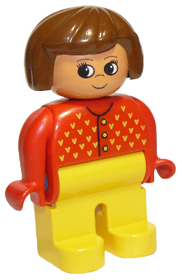 Duplo Figure, Female, Yellow Legs, Red Sweater with Yellow V Stitching, Brown Hair, Turned Up Nose (75496)