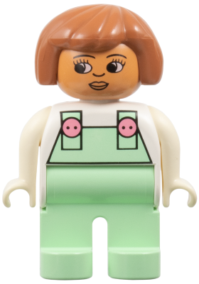 Duplo Figure, Female, Light Green Legs, White Top with Light Green Overalls with Pink Buttons, Fabuland Brown Hair (Patty)