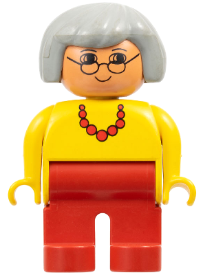 Duplo Figure, Female, Red Legs, Yellow Top with Red Necklace, Light Gray Hair, Glasses