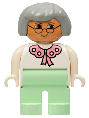 Duplo Figure, Female, Light Green Legs, White Blouse, Gray Hair, Glasses