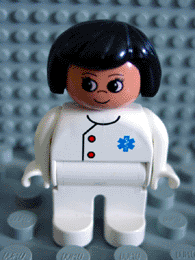 Duplo Figure, Doctor / Medic - Female, Adult Woman, White Legs, White Top with Buttons and EMT Star of Life Pattern, Black Hair, Nougat Head (75493)