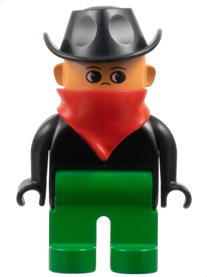 Duplo Figure, Male, Green Legs, Black Top, Red Scarf, Cowboy Hat (Western Bad Guy)