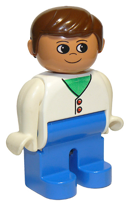 Duplo Figure, Male, Blue Legs, White Two Button Cardigan, Brown Hair (75466)