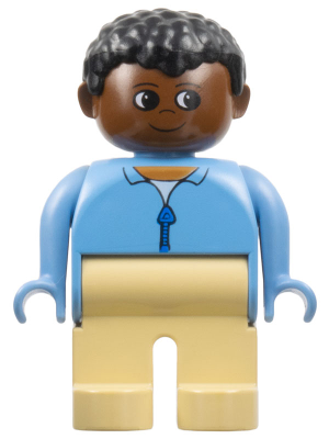 Duplo Figure, Male, Tan Legs, Blue Zippered Jacket, Black Curly Hair, Brown Head