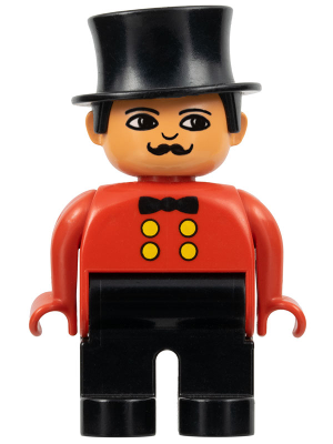 Duplo Figure, Male, Black Legs, Red Top, Top Hat (Circus Ringmaster)