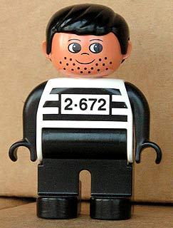 Duplo Figure, Male, Black Legs, White Top with 2-672 Number on Chest, Black Hair, Black Hands, Stubble (Jailbreak Joe)