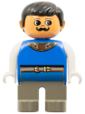 Duplo Figure, Male, Dark Gray Legs, Blue Top with Gold Necklace and Belt, Moustache (4171807)