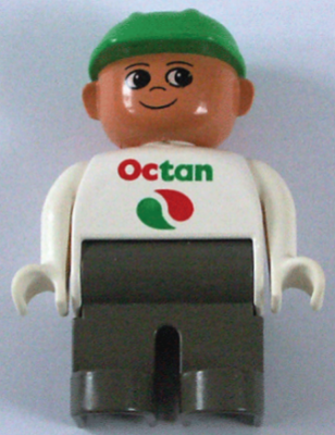 Duplo Figure, Male, Dark Gray Legs, White Top with Octan Logo, Green Helmet (4143720)
