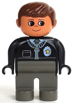 Duplo Figure, Male Police, Dark Gray Legs, Black Top with Zipper, Tie and Badge, Brown Hair