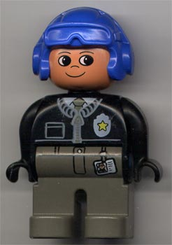 Duplo Figure, Male Police, Dark Gray Legs, Black Top with Zipper, Tie and Badge, Blue Aviator Helmet