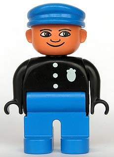 Duplo Figure, Police Officer - Male, Adult Man, Blue Legs, Black Top with Buttons and Badge Pattern, Blue Hat, Nougat Head with Turned Down Nose