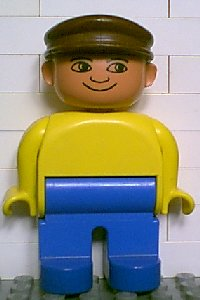 Duplo Figure, Male, Blue Legs, Yellow Top, Brown Cap, no White in Eyes Pattern