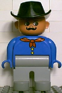 Duplo Figure, Male, Light Gray Legs, Blue Top with Red Bandana, Black Cowboy Hat