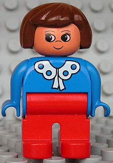 Duplo Figure - Female, Adult Woman, Red Legs, Blue Top with Lace Collar Pattern, Brown Hair, Nougat Head (75472)