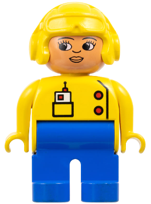 Duplo Figure, Female, Blue Legs, Yellow Top with Radio in Pocket, Yellow Aviator Helmet, Eyelashes, Turned Down Nose (4100696)