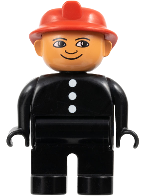 Duplo Figure, Male Fireman, Black Legs, Black Top with 3 White Buttons, Red Fire Helmet