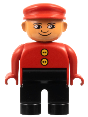 Duplo Figure, Male, Black Legs, Red Top with 2 Yellow Buttons, Red Cap