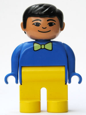Duplo Figure, Male, Yellow Legs, Blue Top with Light Green Bow Tie, Black Hair, Grin
