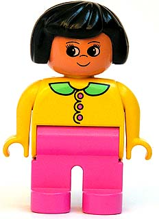 Duplo Figure, Female, Dark Pink Legs, Yellow Top with Dark Pink Buttons & Medium Green Collar, Black Hair