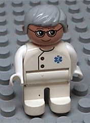 Duplo Figure, Doctor / Medic - Male, Adult Man, White Legs, White Top with Buttons and EMT Star of Life Pattern, Light Gray Hair, Nougat Head (75491)