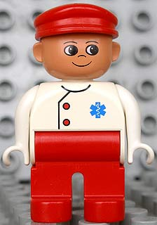 Duplo Figure, Doctor / Medic - Male, Adult Man, Red Legs, White Top with Buttons and EMT Star of Life Pattern, Red Cap, Nougat Head (75492)
