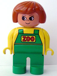 Duplo Figure, Female Zoo, Green Legs, Yellow Top with Green Overalls, Dark Orange Hair (Zoo Keeper) (75695)