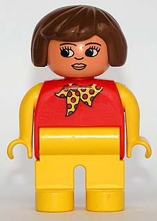 Duplo Figure, Female, Yellow Legs, Red Top with Yellow Polka Dot Scarf, Yellow Arms, Brown Hair, Nose and Lips, White in Eyes