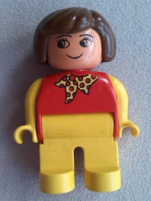 Duplo Figure, Female, Yellow Legs, Red Top with Yellow Polka Dot Scarf, Yellow Arms, Brown Hair, Grin
