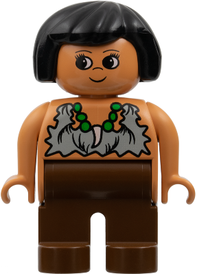 Duplo Figure, Female, Brown Legs, Tooth Necklace Pattern, Black Hair (Cavewoman)