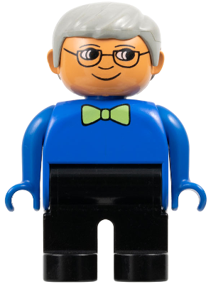 Duplo Figure, Male, Black Legs, Blue Top with Green Bow Tie, Gray Hair, Glasses
