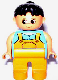 Duplo Figure, Female, Medium Orange Legs, Medium Blue Top with Overalls, Black Hair