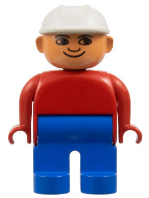 Duplo Figure, Male, Blue Legs, Red Top, White Construction Hat