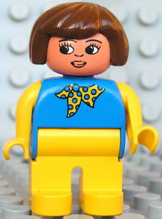 Duplo Figure, Female, Yellow Legs, Blue Top with Yellow and Blue Polka Dot Scarf, Yellow Arms, Brown Hair