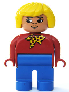 Duplo Figure, Female, Blue Legs, Red Top with Yellow and Red Polka Dot Scarf, Yellow Hair, Turned Down Nose