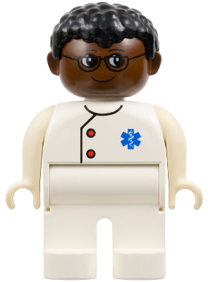 Duplo Figure, Doctor / Medic - Male, Adult Man, White Legs, White Top with Buttons and EMT Star of Life Pattern, Black Hair, Brown Head (75503)