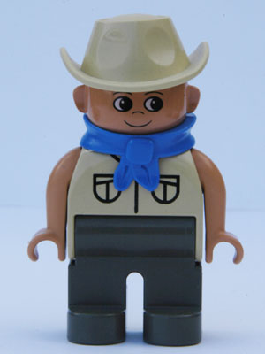 Duplo Figure, Male, Dark Gray Legs, Tan Top Safari with Pockets, Cowboy Hat, Blue Bandana (4144058)
