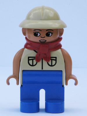 Duplo Figure, Female, Blue Legs, Tan Top with 2 Pockets, Tan Pith Helmet, Red Bandana, Eyelashes (4144057)