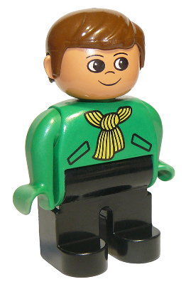 Duplo Figure, Male, Black Legs, Green Top with Yellow Scarf, Brown Hair (75699)