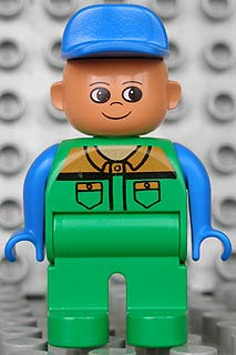 Duplo Figure, Male, Green Legs, Green Work Suit, Blue Arms, Blue Hat (4171006)