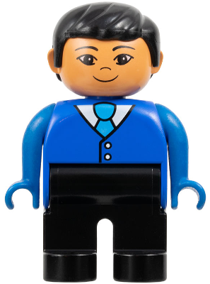 Duplo Figure - Male, Adult Man, Black Legs, Blue Top with Buttons and Tie Pattern, Black Hair, Nougat Head (75497)