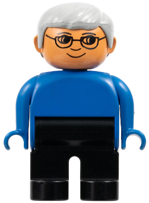 Duplo Figure, Male, Black Legs, Blue Top, Gray Hair, Glasses