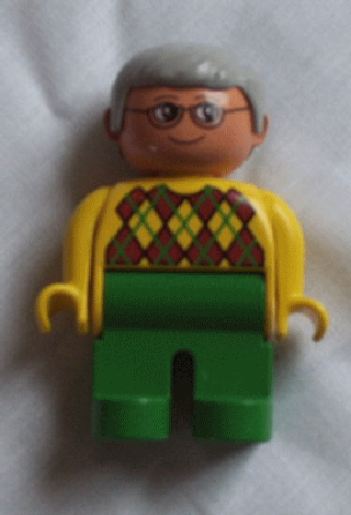 Duplo Figure, Male, Green Legs, Yellow Argyle Sweater, Gray Hair, Glasses (75465)