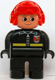 Duplo Figure, Male Fireman, Black Legs, Black Top with Fire Logo and Zipper, Red Aviator Helmet