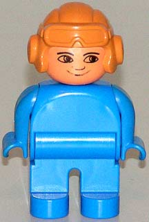Duplo Figure, Male, Blue Legs, Blue Top, Aviator Helmet Fabuland Orange, no White in Eyes Pattern